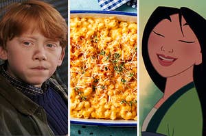Split Image: Ron Weasley on the left, mac and cheese in the middle, and Mulan on the right