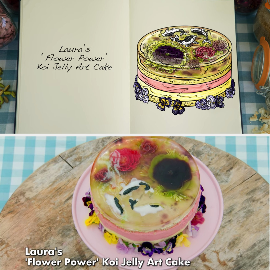 Laura&#x27;s floral koi pond jelly cake side-by-side with its drawing