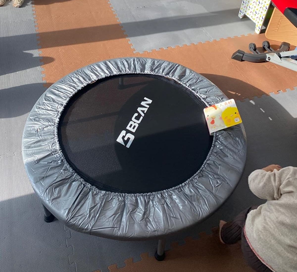 Reviewer pic of the circular trampoline in black with a silver cover around the outside