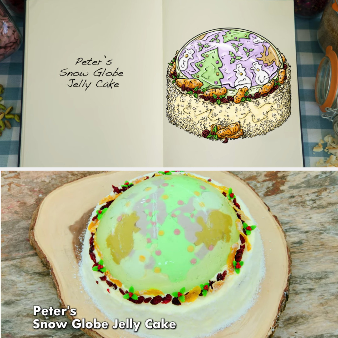 Peter&#x27;s festive holiday jelly cake side-by-side with its drawing