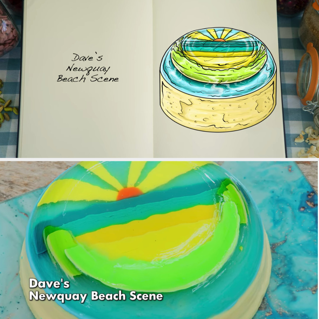 Dave&#x27;s beachy jelly cake side-by-side with its drawing