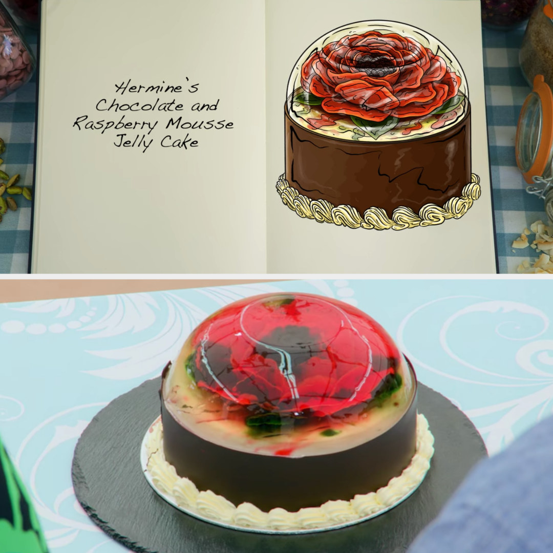 Hermine&#x27;s floral jelly cake side-by-side with its drawing