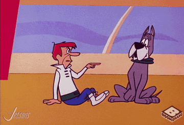 George Jetson pointing angrily at his dog. 