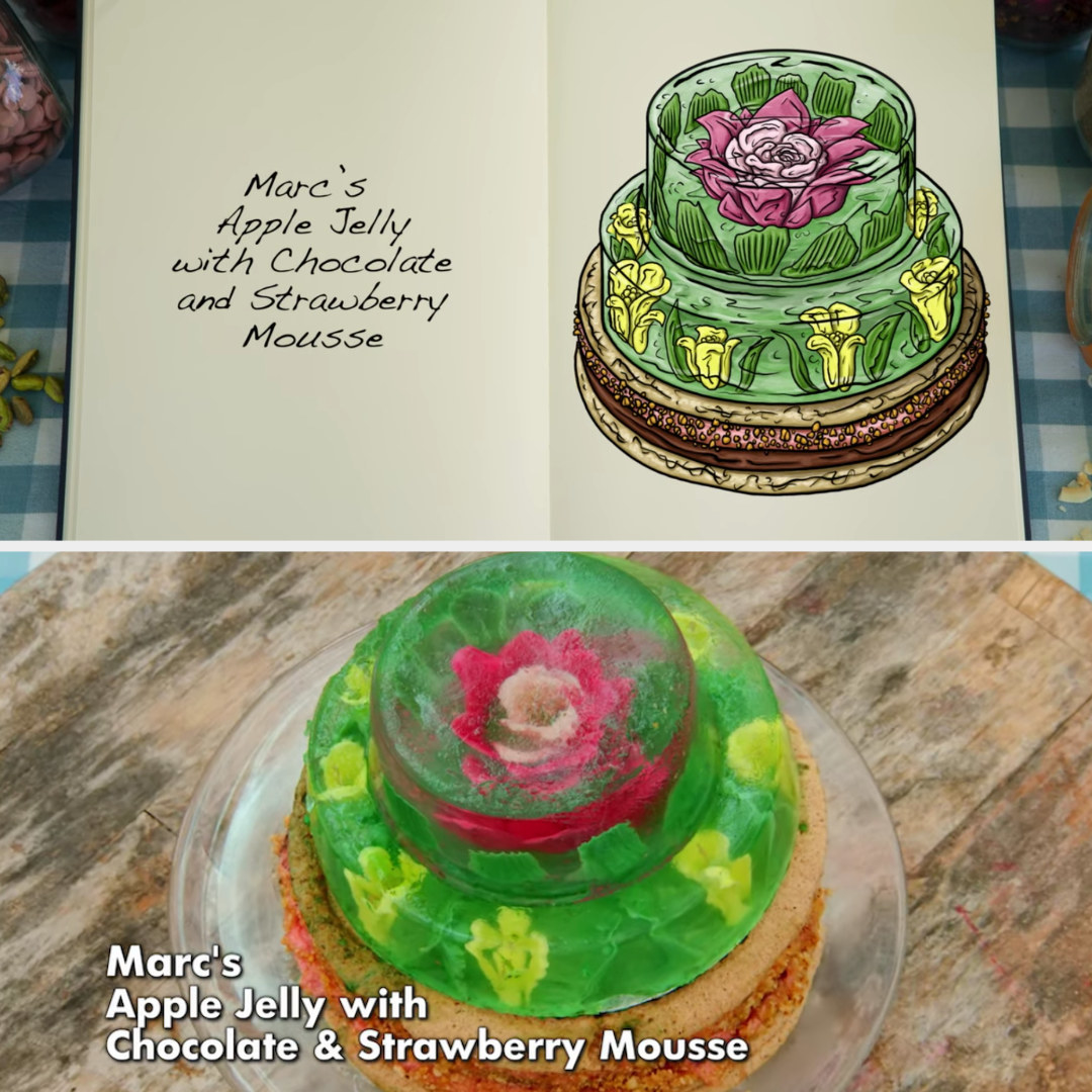 Marc&#x27;s apple jelly cake side-by-side with its drawing