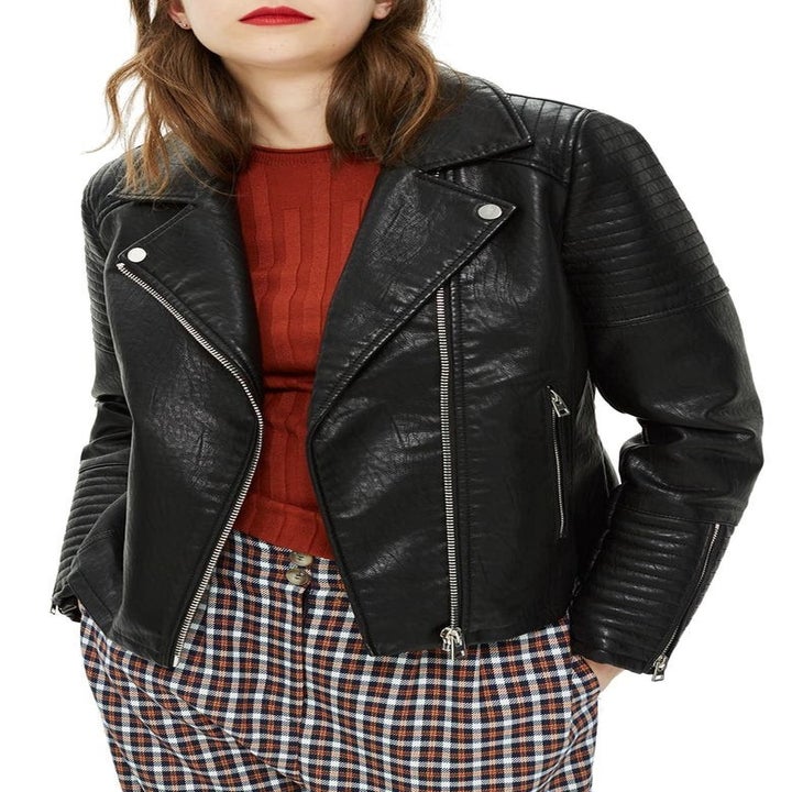 model wearing vegan leather biker jacket