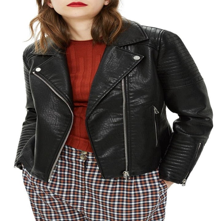 model wearing vegan leather biker jacket