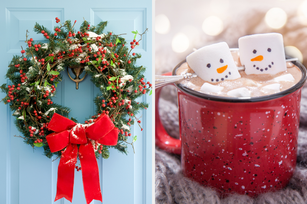 On the left, a holiday wreath with cranberries and a big ribbon, and on the right, some hot chocolate in a mug with two marshmallows painted to look like snowmen