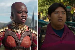 Okoye is on the left in a war with ned walking by a subway on the right
