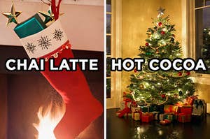 On the left, a stocking filled with presents near a fireplace labeled "chai latte," and on the right, a decorated Christmas tree with presents underneath it labeled "hot cocoa"