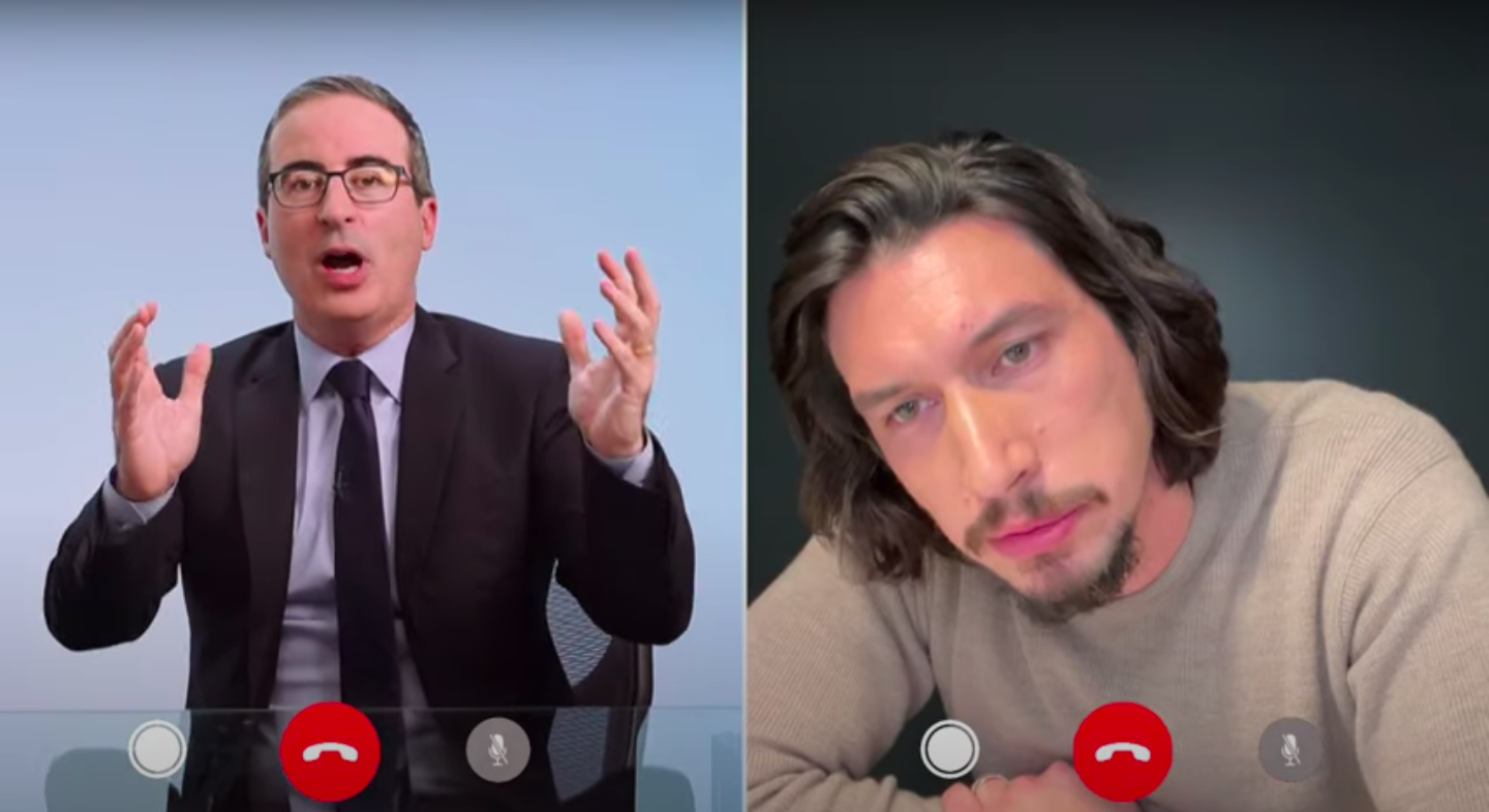 A screenshot of John Oliver and Adam Driver on a FaceTime call on an episode of &quot;Last Week Tonight&quot;