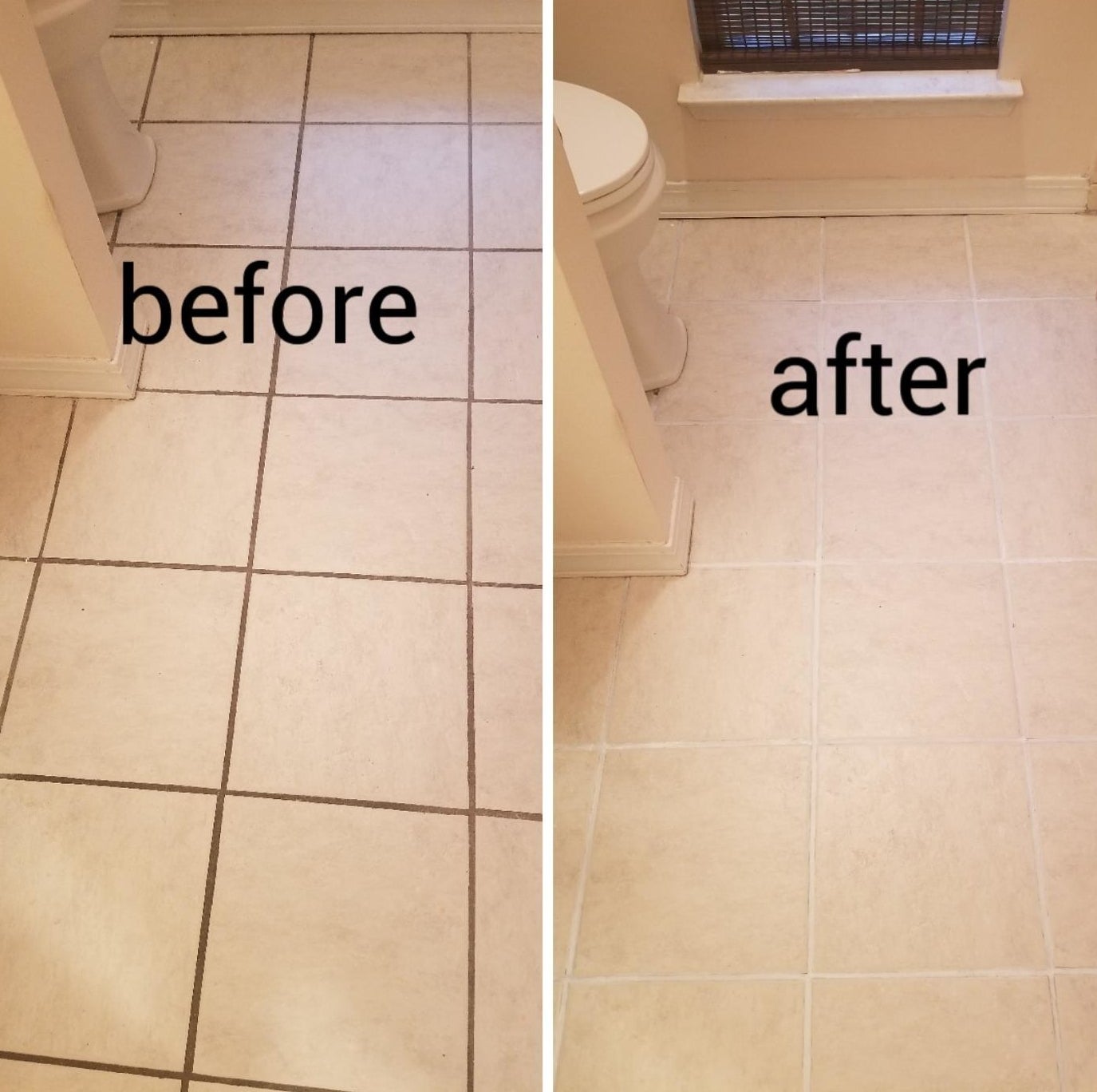 Before of reviewer&#x27;s tiles with brown grout vs after shot white grout