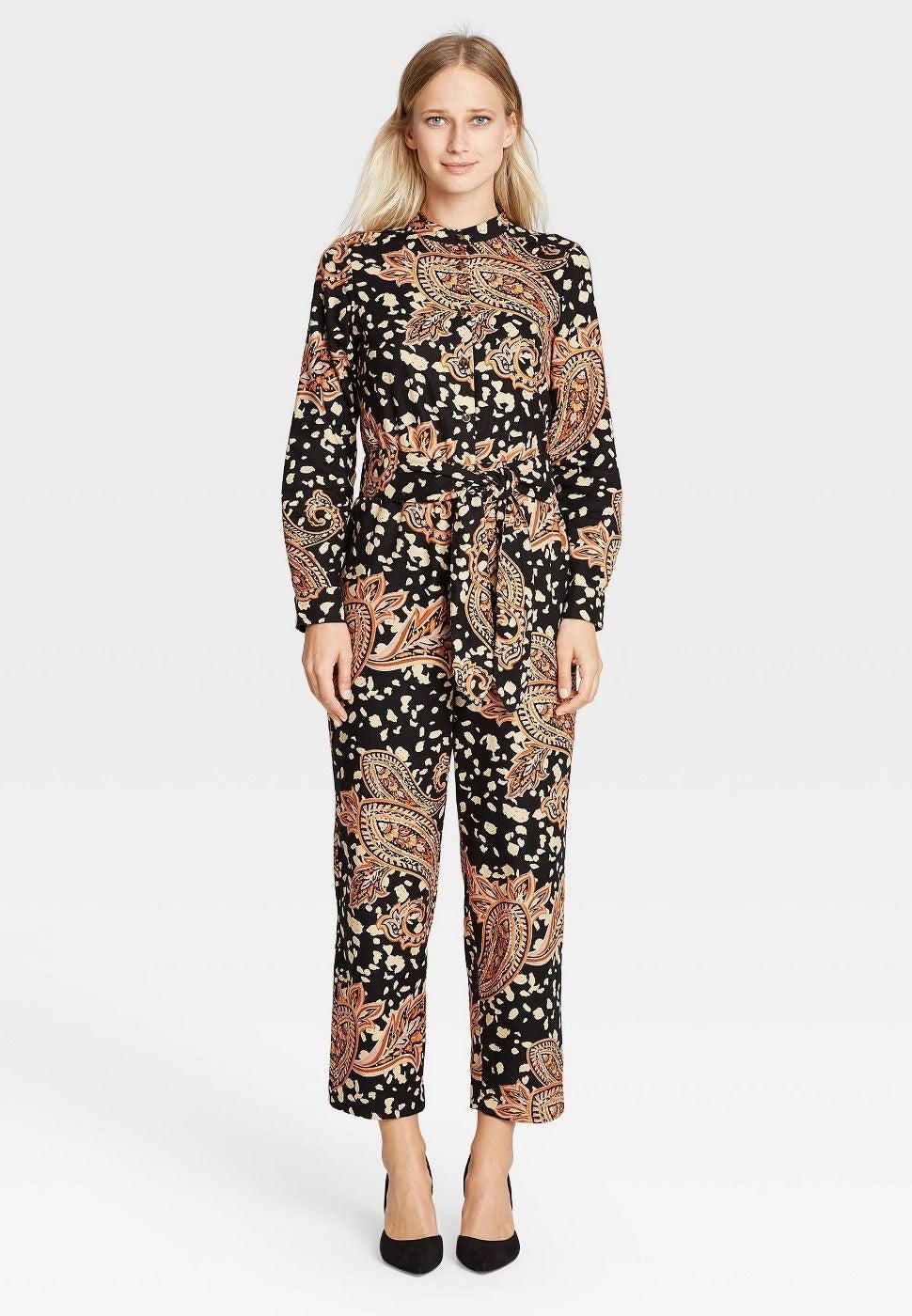 Model in printed jumpsuit