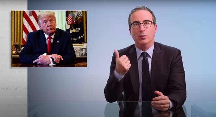 A screenshot of John Oliver pointing at a picture of Donald Trump on an episode of &quot;Last Week Tonight&quot;