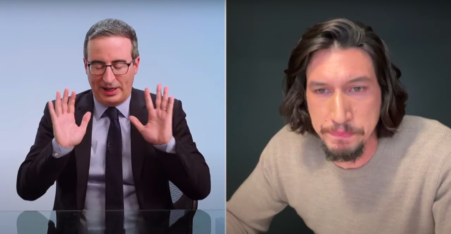 A screenshot of John Oliver and Adam Driver on a FaceTime call on an episode of &quot;Last Week Tonight&quot;