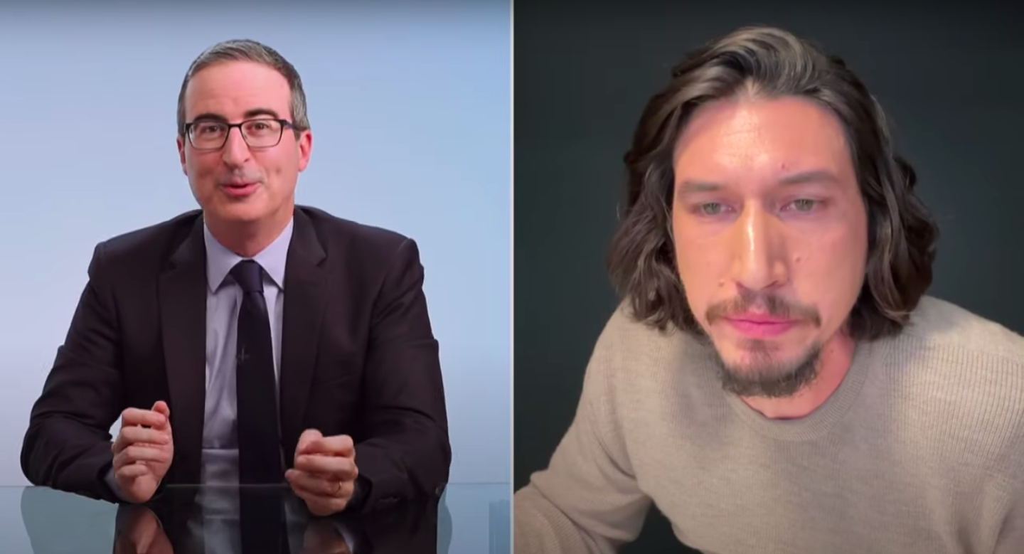 A screenshot of John Oliver and Adam Driver on a FaceTime call on an episode of &quot;Last Week Tonight&quot;