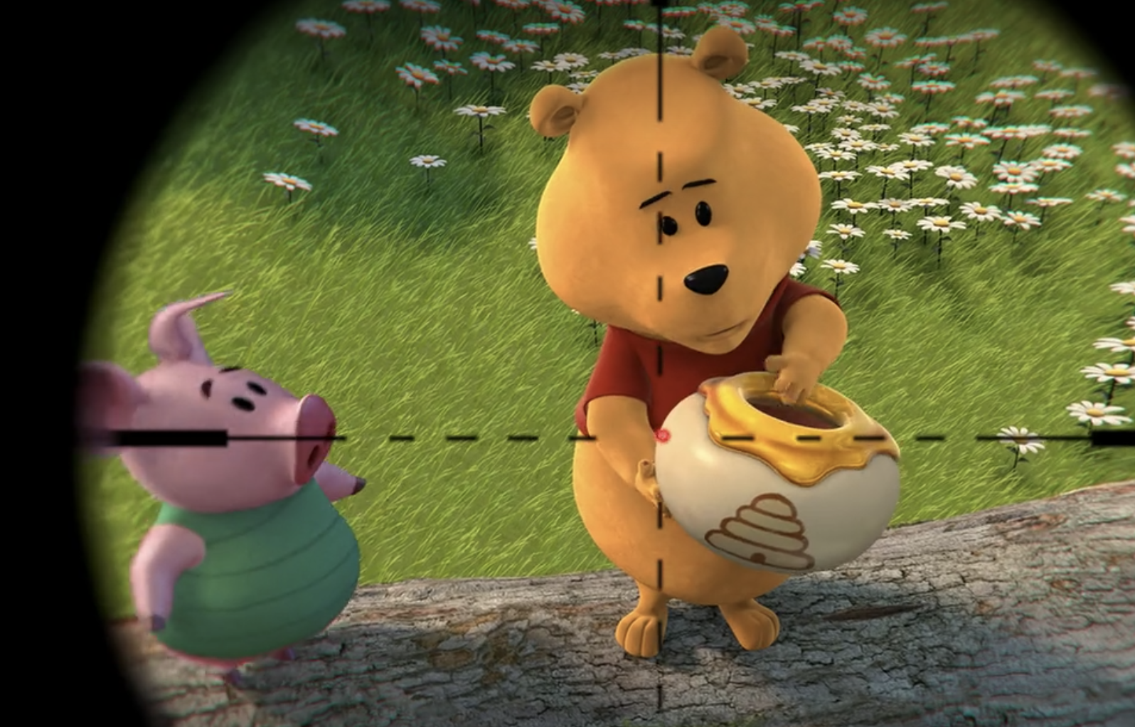 Piglet standing next to Pooh, who&#x27;s holding honey