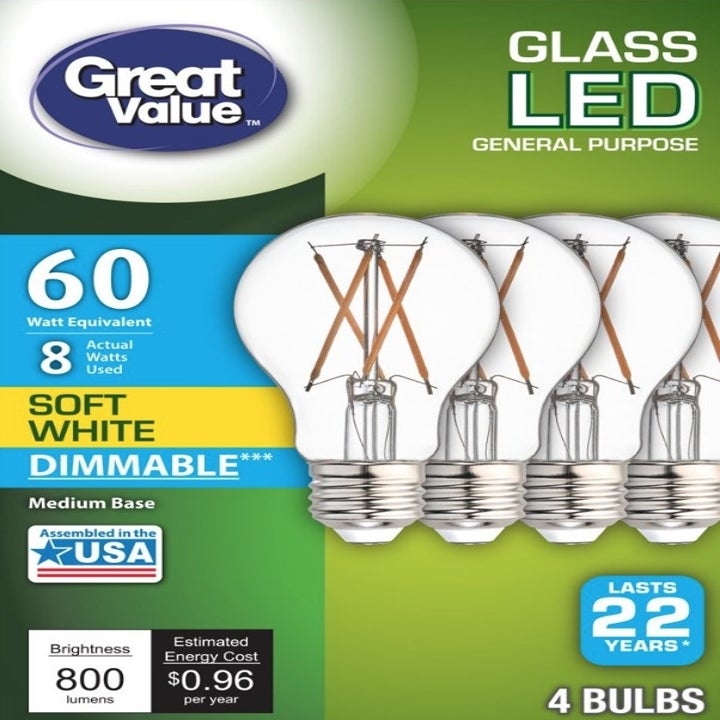 8 pack of Great Value dimmable light bulbs