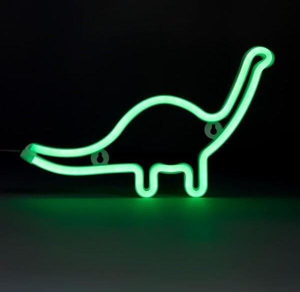 a green neon lamp shaped like a dinosaur