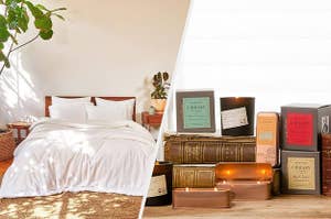 to the left: a comfy plush white bed, to the right: an array of library candles