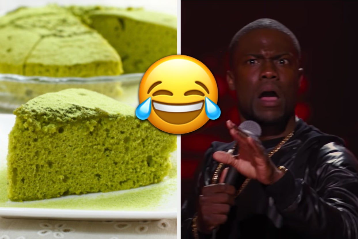A slice of matcha cake is on the left with a laughing emoji in the center and Kevin Hart on the right