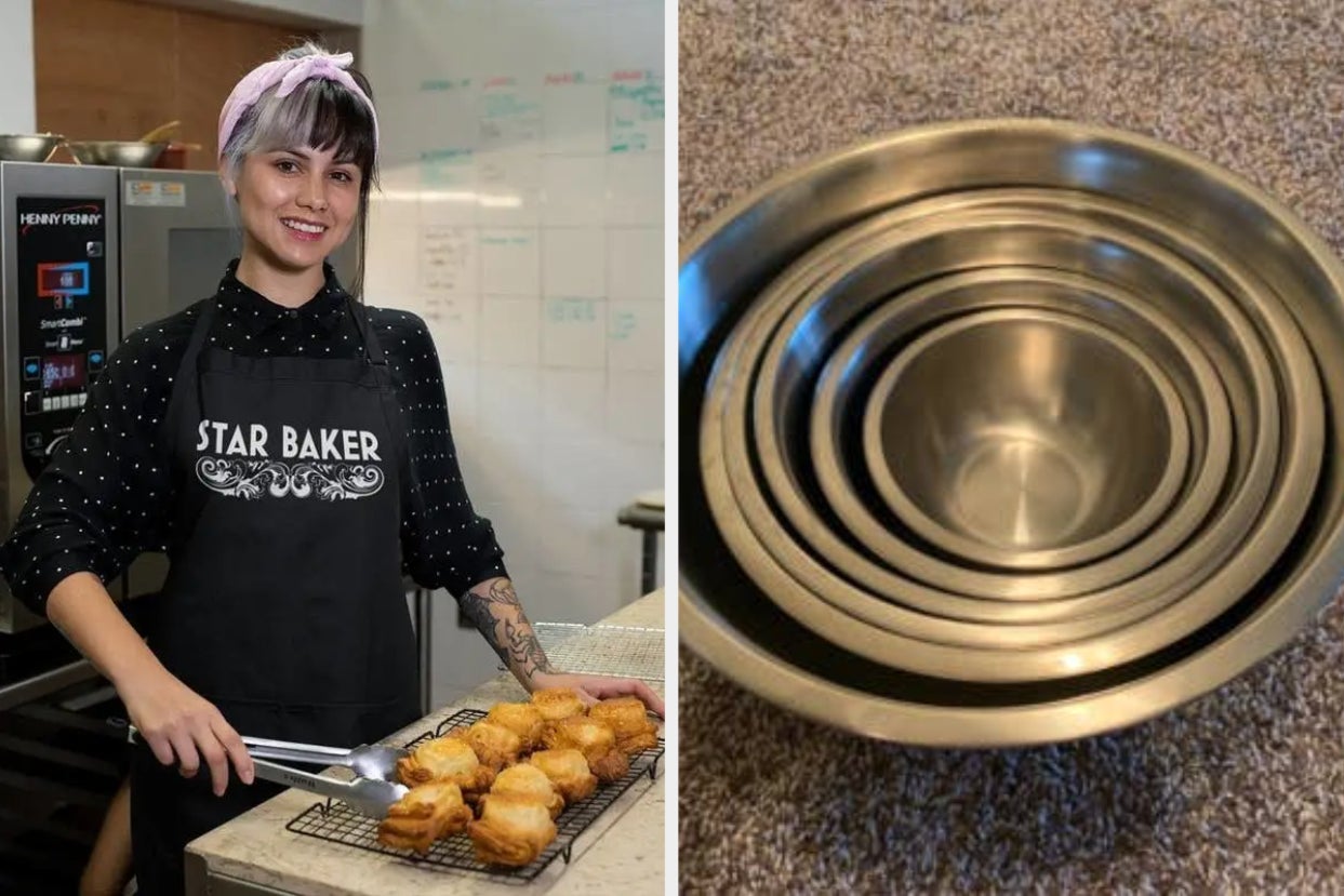 to the left: a model wearing a star baker apron, to the right: stacked stainless steel mixing bowls