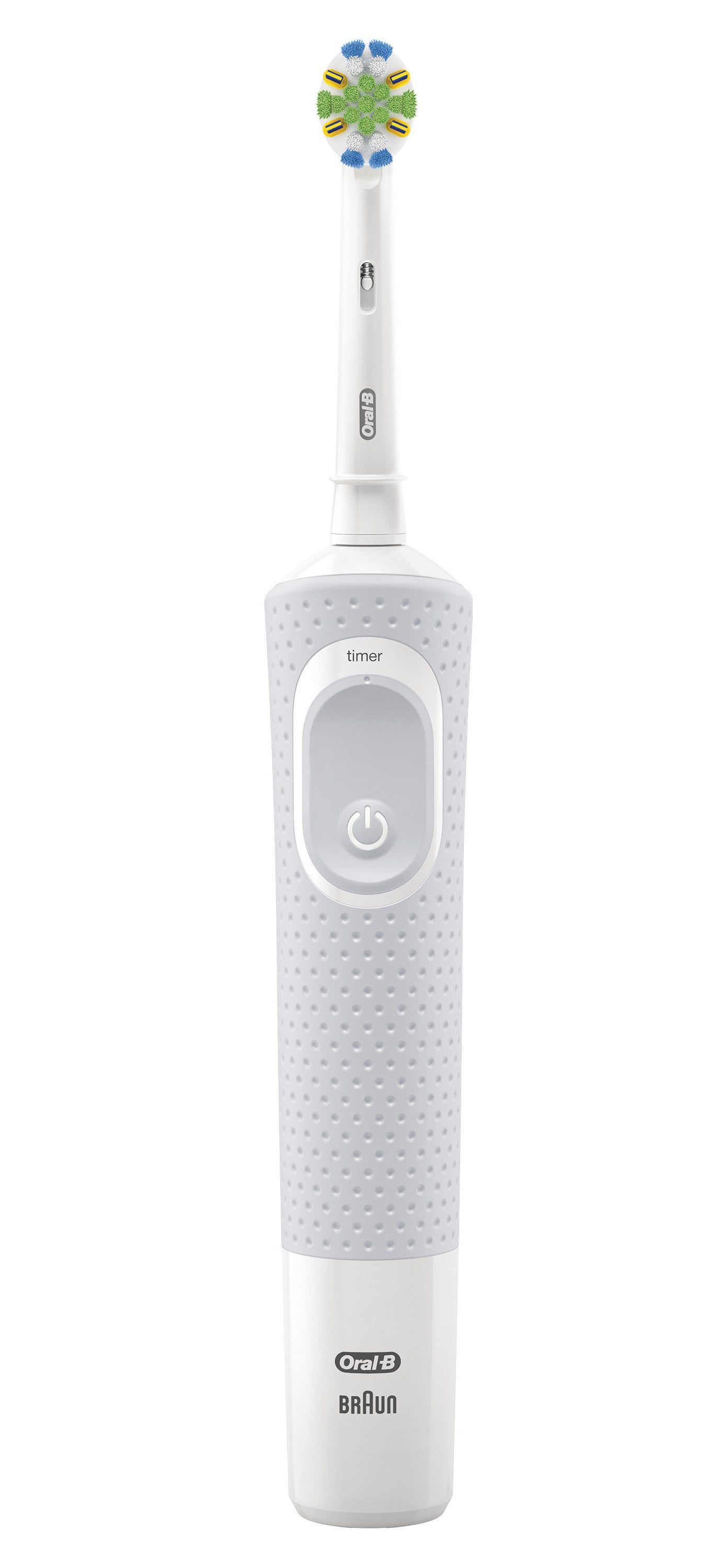 White electric toothbrush with blue and green bristles