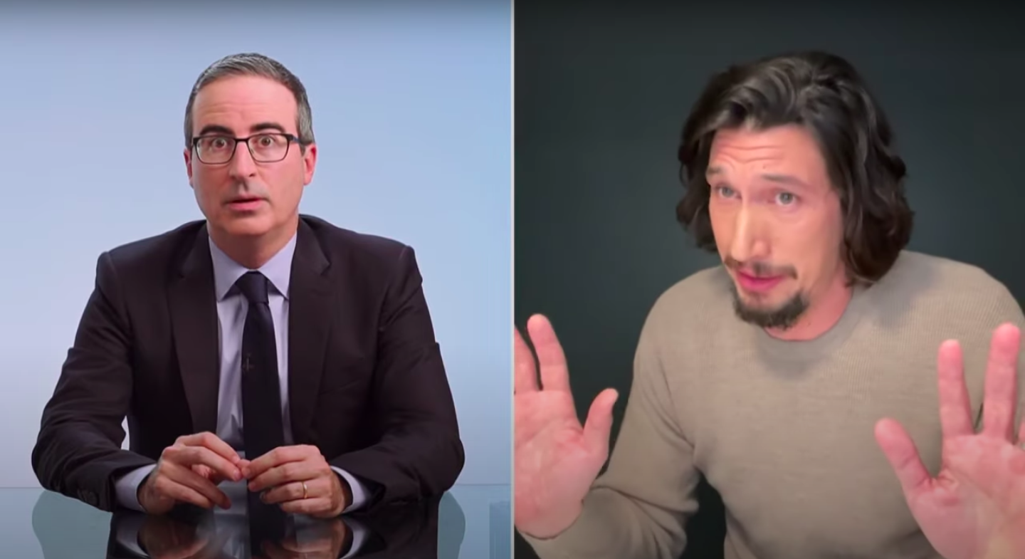 A screenshot of John Oliver and Adam Driver on a FaceTime call on an episode of &quot;Last Week Tonight&quot;