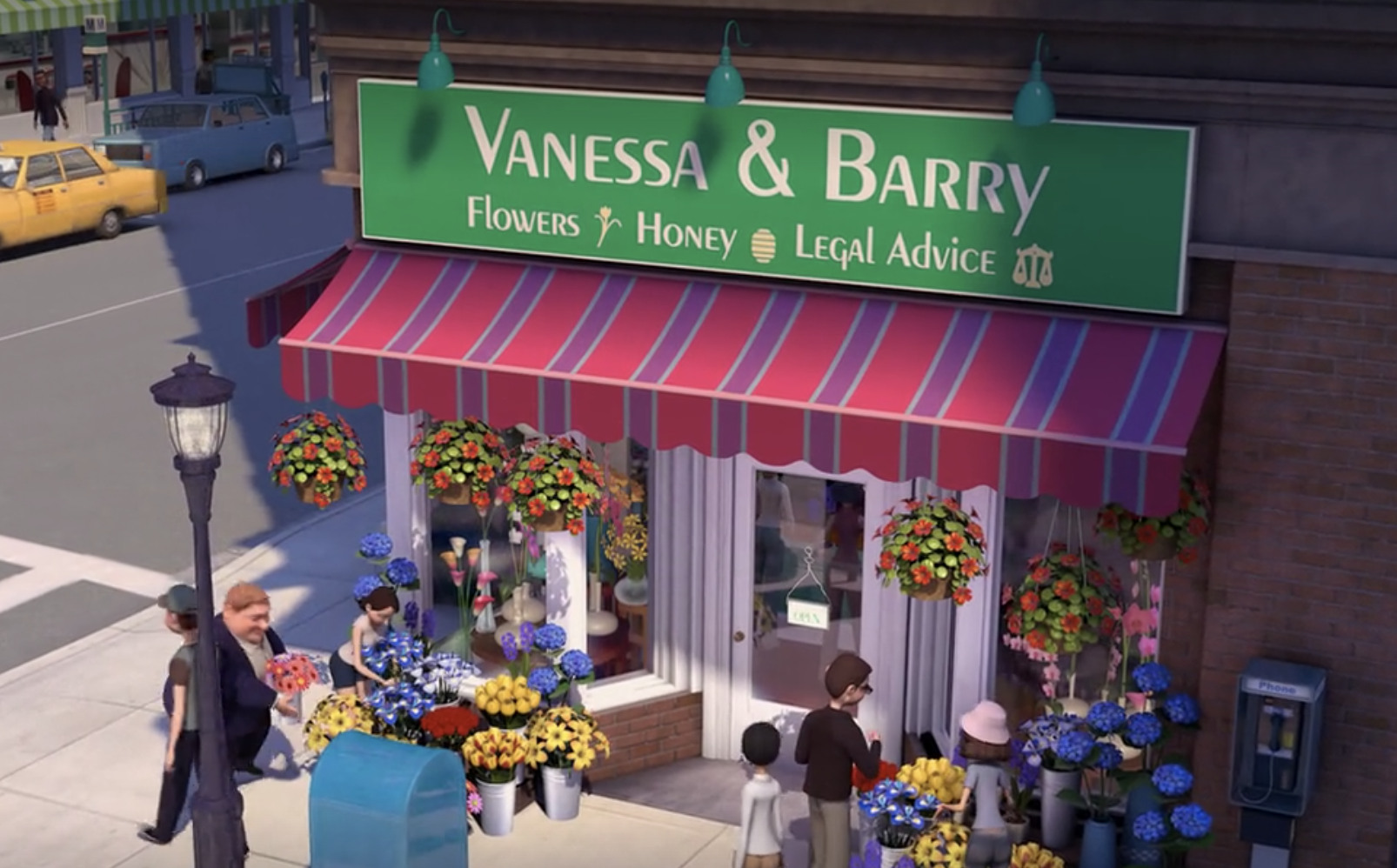 Vanessa&#x27;s flower shop, now with the sign &quot;Vanessa and Barry, flowers, honey, and legal advice&quot;