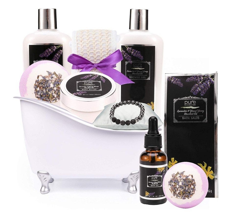 Bath tub shaped basket with lavender oil spa products