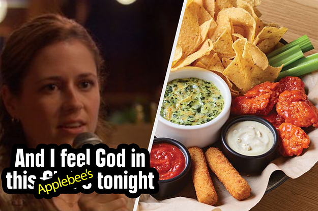 Pam from the Office saying she feels god in this applebee's while enjoying an appetizer sampler