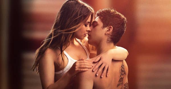 Tessa Gray (Josephine Langford) and Hardin Scott (Hero Fiennes Tiffin) share a passionate embrace.