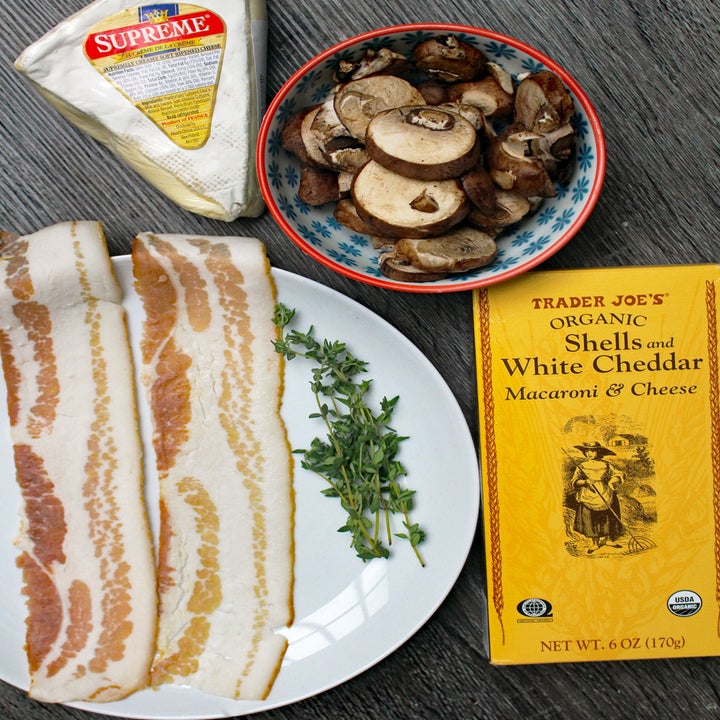 Bacon, mushrooms, Brie, thyme, and a box of mac 'n' cheese.