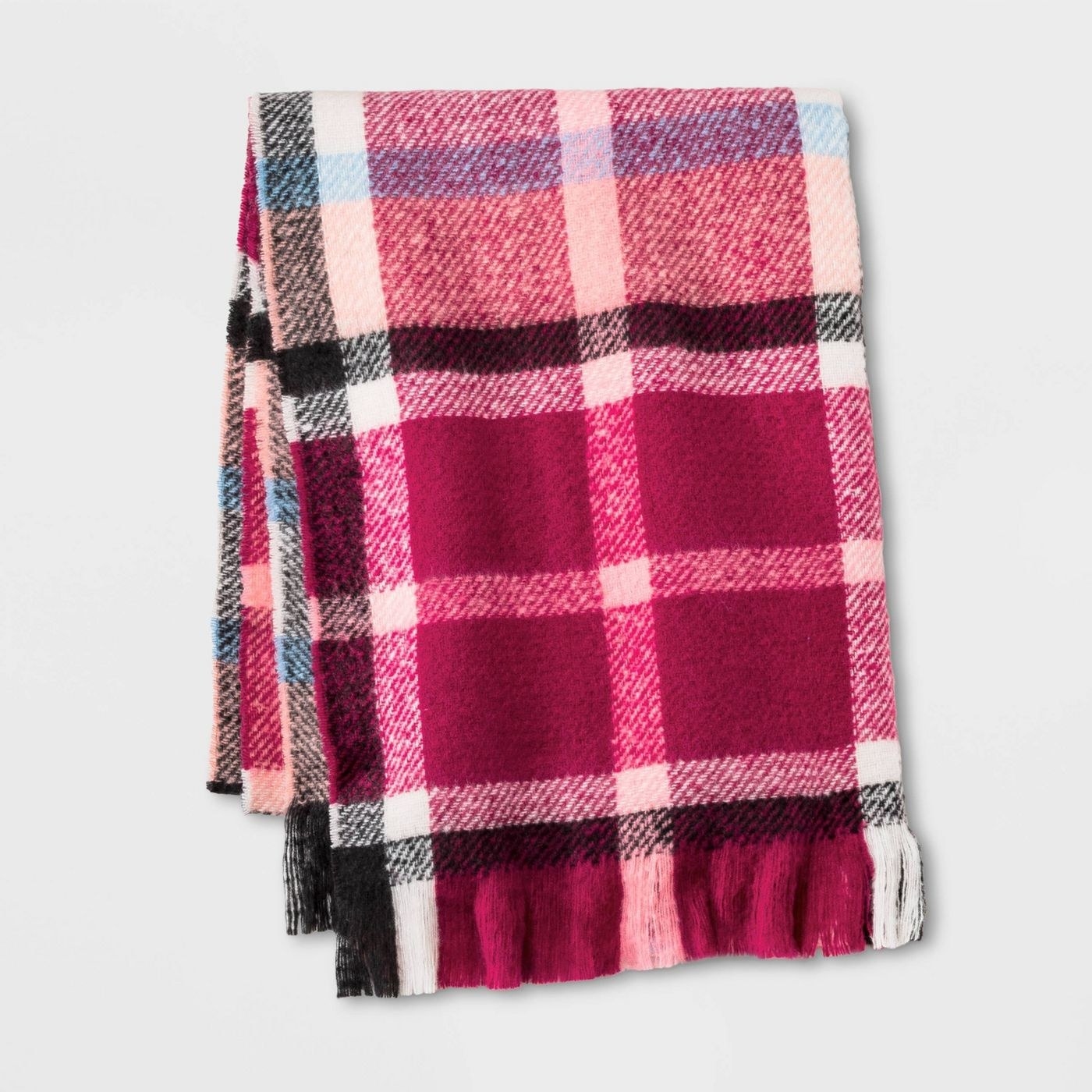 The blanket scarf in fuchsia, light pink, and black plaid