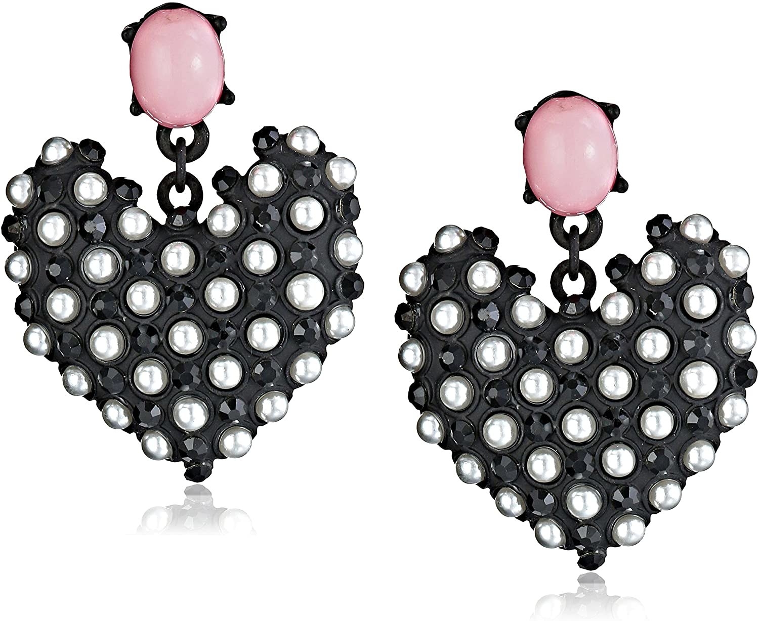 The black rhinestone and pearl heart drop earrings with pink posts