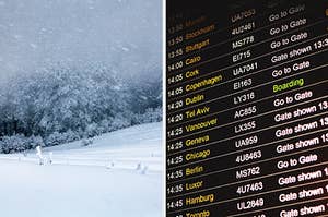 On the left, a blustery blizzard on a mountain, and on the right, a departures board at an airport