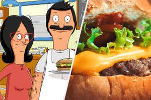 Linda and Bob Belcher side-by-side with a delicious burger
