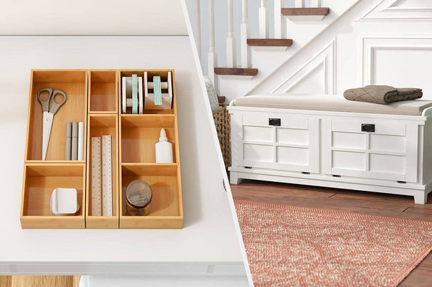 to the left: a drawer organizer, to the right a bench