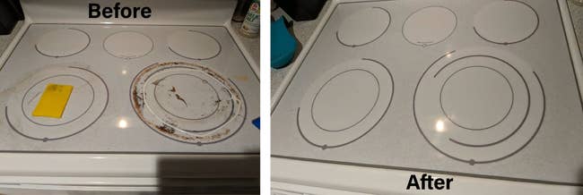 Reviewer before and after shot of white stovetop with burned on stains vs sparkling clean stovetop after using cleaning kit