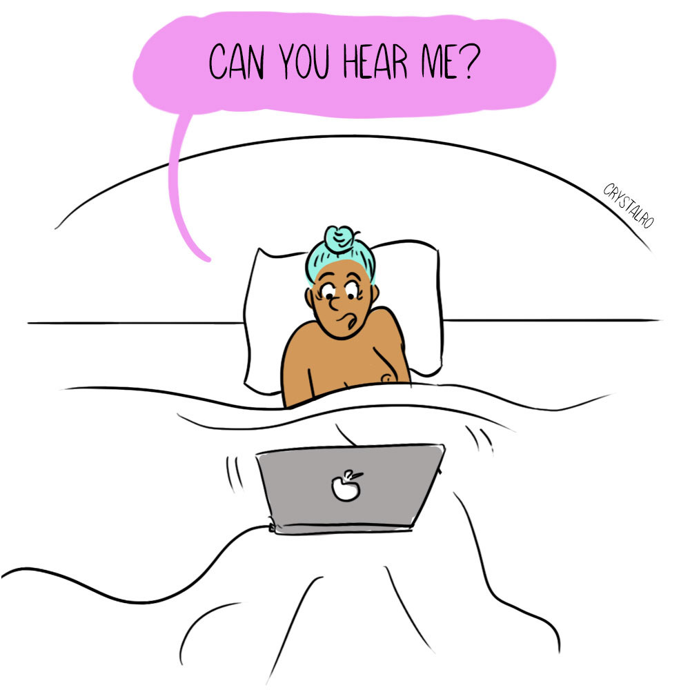 Drawing of a woman having virtual sex saying, &quot;can you hear me&quot;
