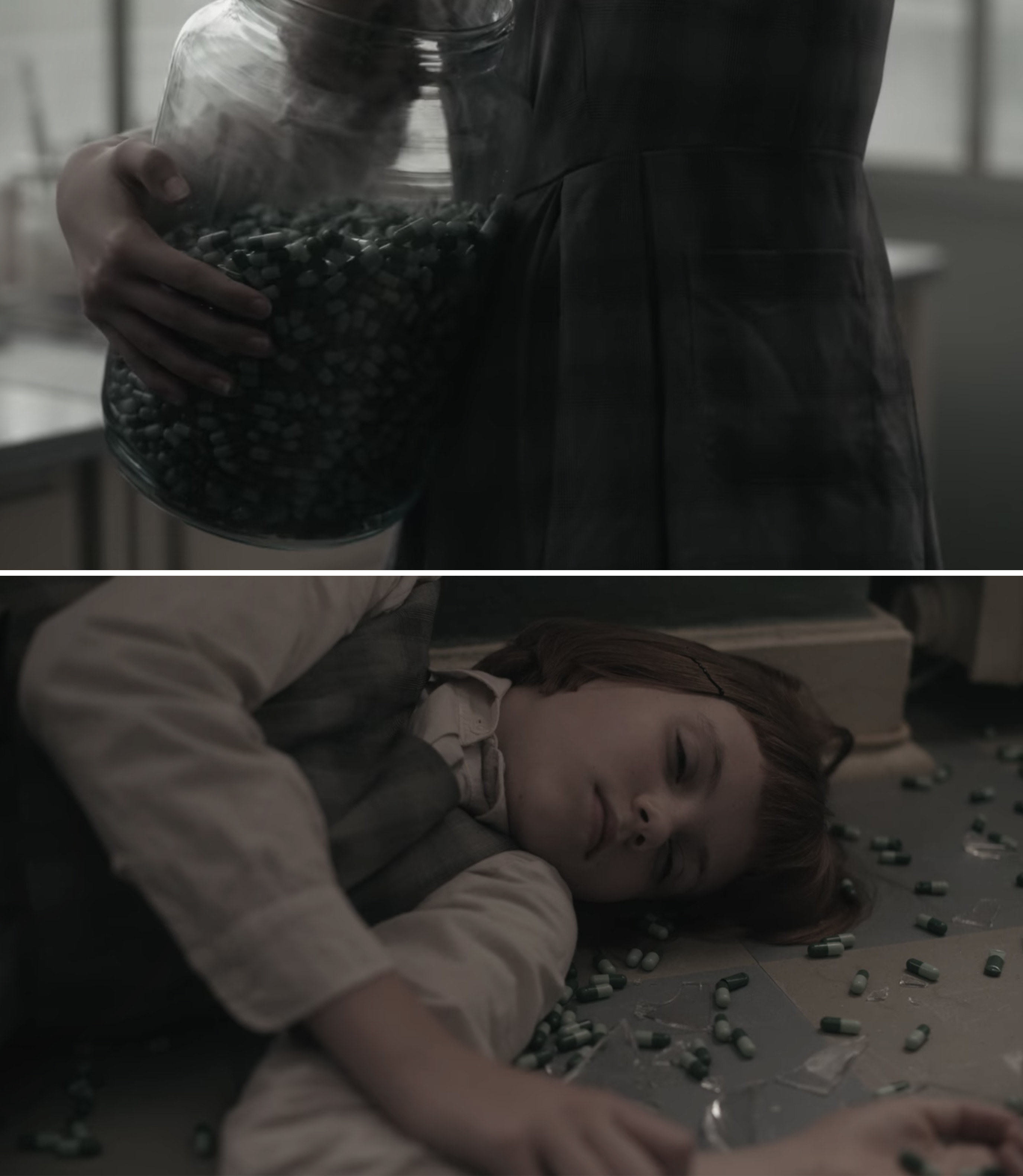 Young Beth on the floor surrounded by pills