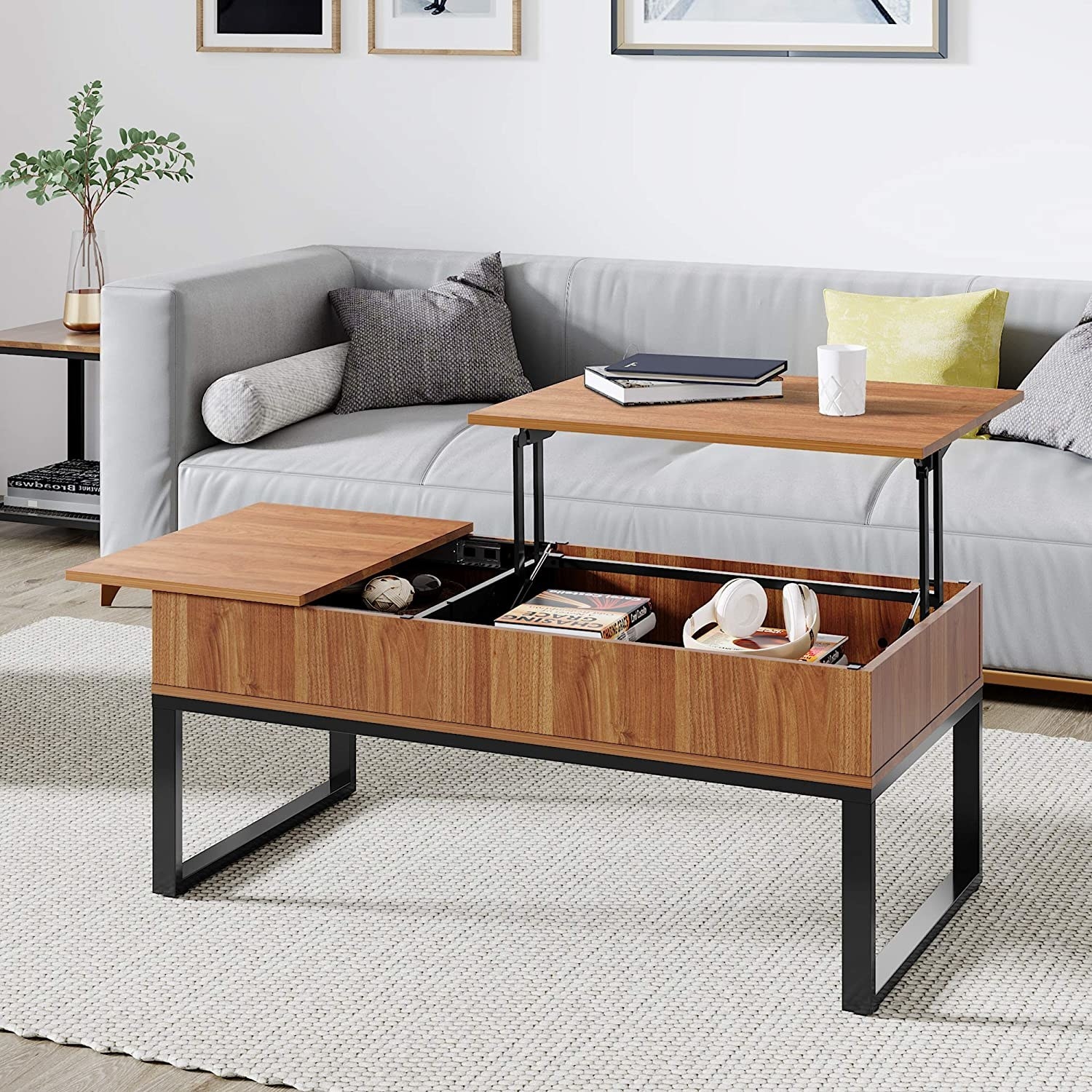 the WLIVE Wood Lift Top Coffee Table with Hidden Storage Compartment in a living room