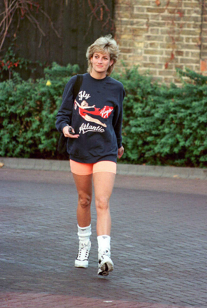 Princess Diana&#x27;s crewneck features a woman, the logo for the Virgin Group, and the words, &quot;Fly Atlantic&quot;