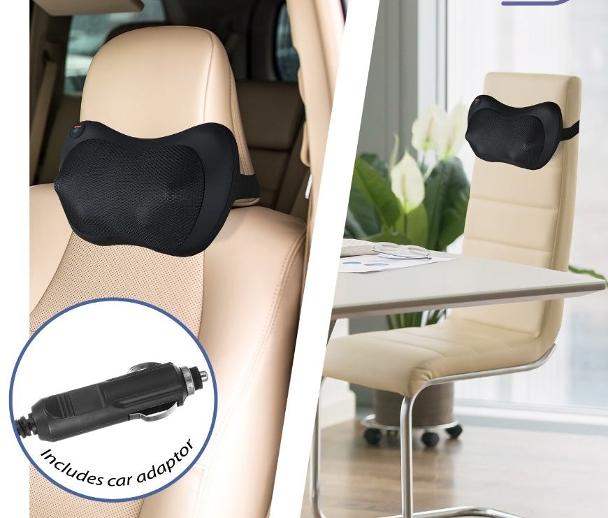 Black massage pillow on car seat and desk chair
