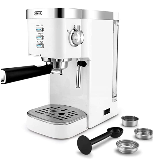 White espresso machine with tools on the side