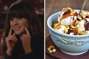 Split Image: Jess from New Girl on the left and a sundae with caramel and fudge on the right