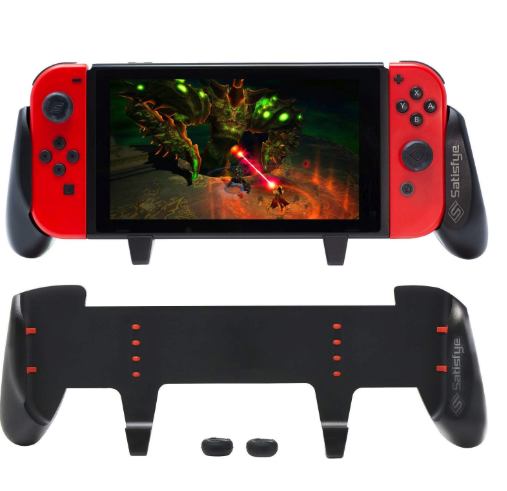A single grip that fits around both joycons and locks in at the bottom, almost like a dock