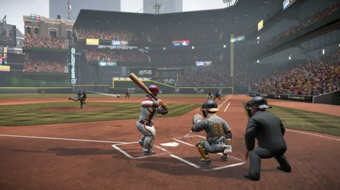 Stout little cartoon men play baseball in a packed stadium