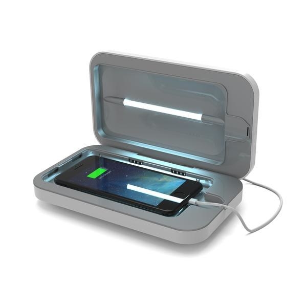 A rectangular box with UV light and a charging phone resting in the center