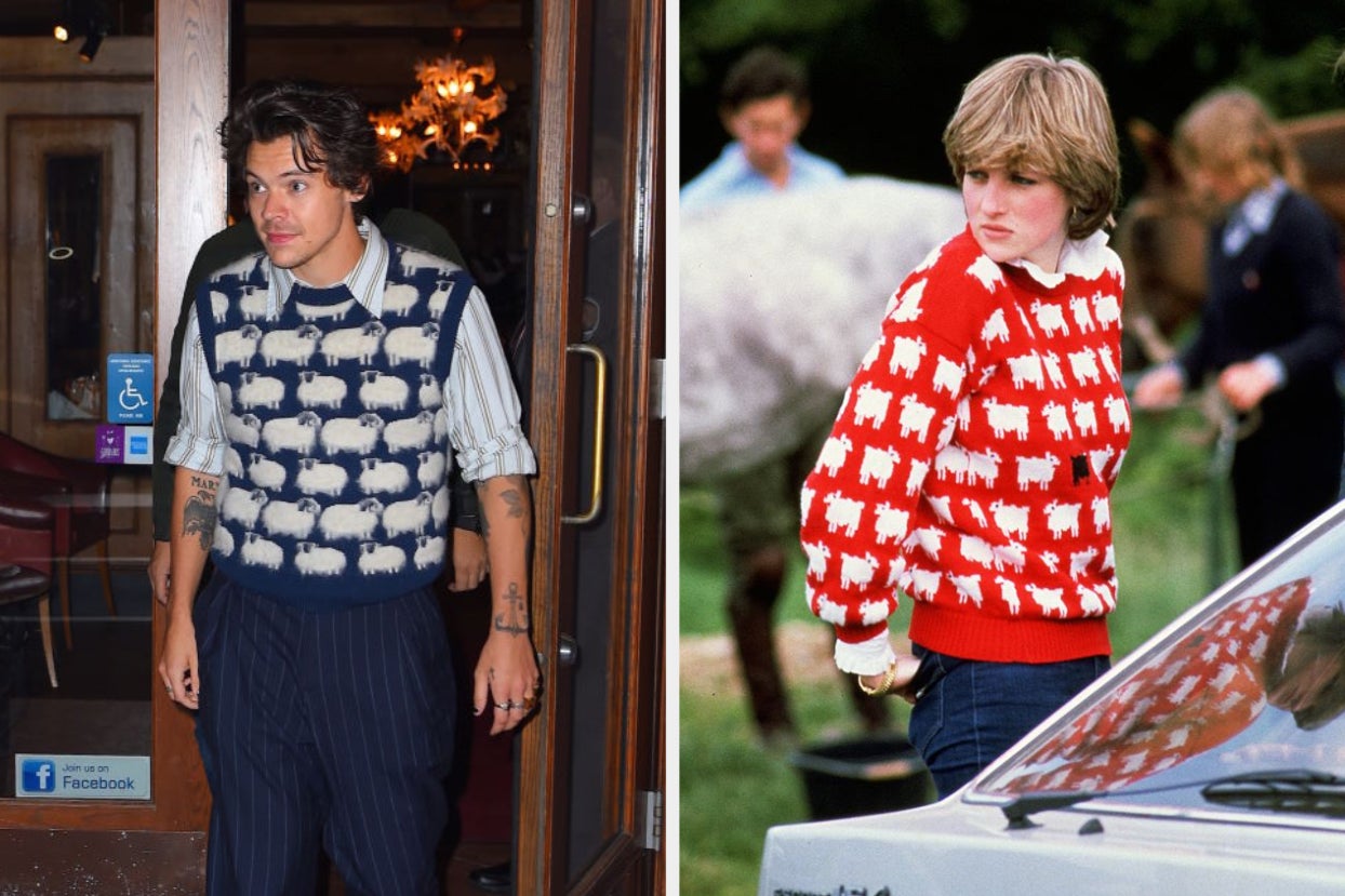 Harry Styles and Princess Diana wearing sheep-embossed tops