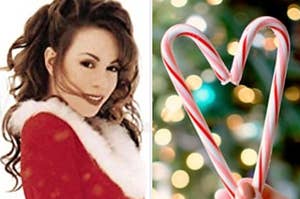 Mariah Carey next to a candy cane heart